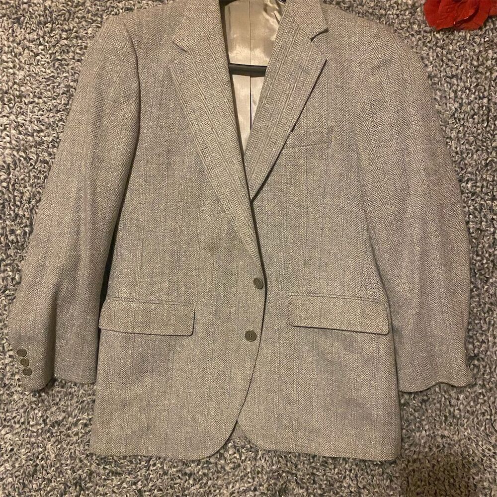 American Trend Men's Vintage Gray Blazer Herringbone Gold Buttons wool